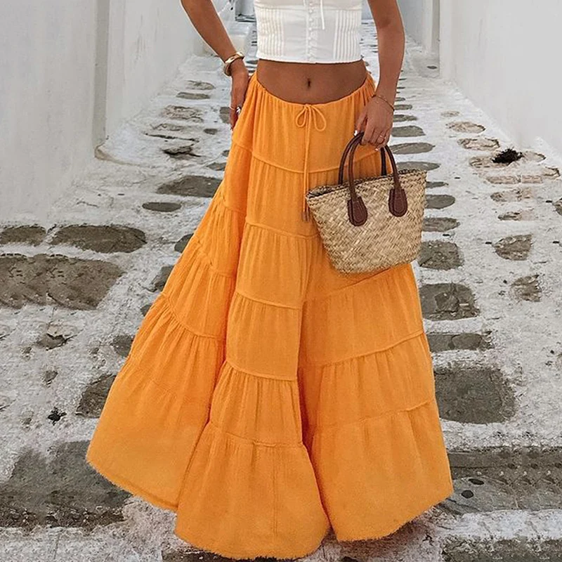 

2025 Summer Beach Vacation Long Skirt Women Solid Color Lace Up A Line Skirts Woman Casual Patchwork Pleated Casual Skirts Mujer