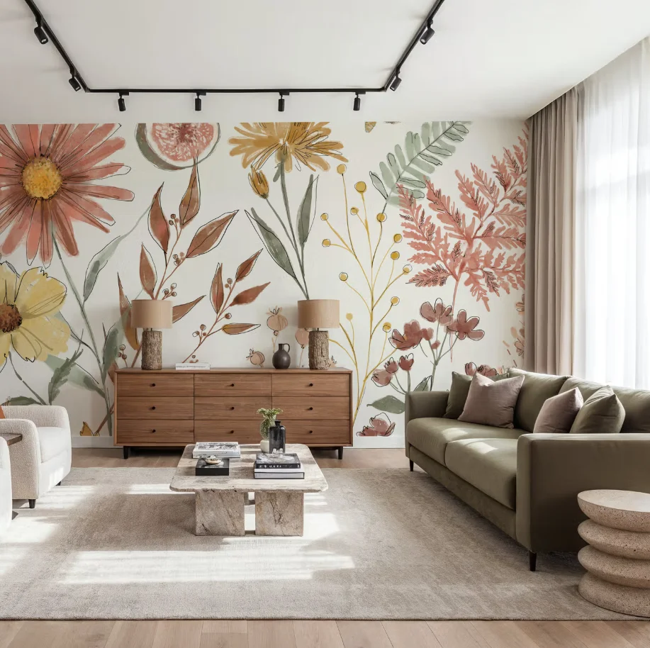 Customized Size Mural, Hand-Painted Flowers Pomegranate, Fern, Plant Leaves, Wallpaper, Children's Room, Kindergarten Decoration
