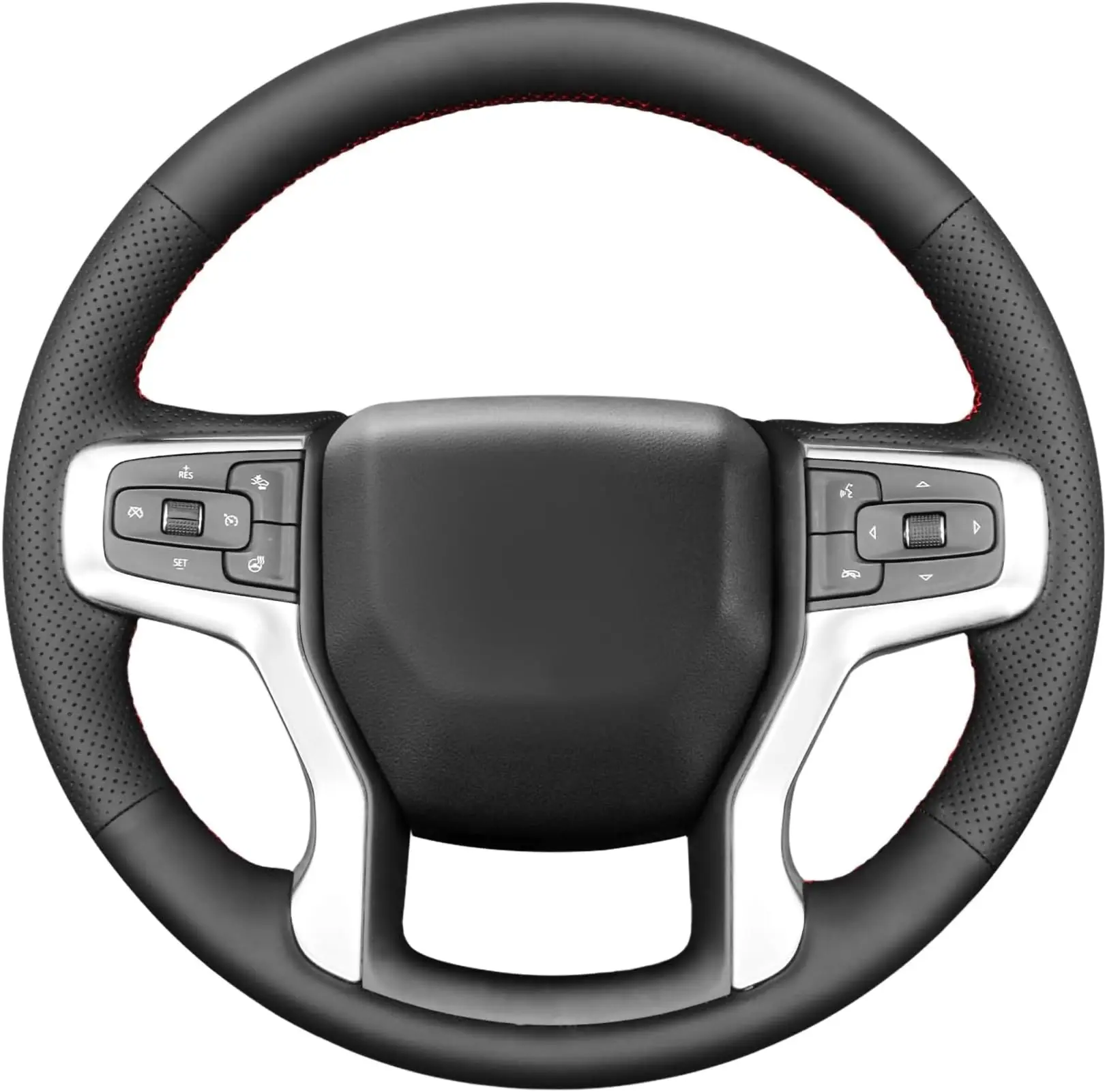 

Black Perforated Leather Steering Wheel Cover With Red Stitching For Chevrolet Blazer, Silverado 1500/2500/3500, Suburban,