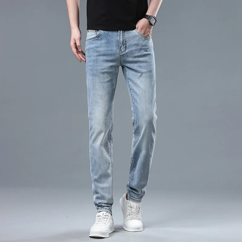 2024Summer new simple pure blue jeans men's Stretch Slim fit soft comfortable slim fit high-end and fashionable office trousers