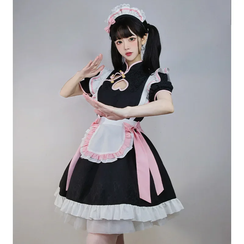 อะนิเมะ Lolita ชุดแม่บ้านจีน Cheongsam ชุดสีชมพู Kawaii COSPLAY เครื่องแต่งกาย PARTY STAGE พนักงานเสิร์ฟแม่บ้านบทบาทเล่นแมวชุด