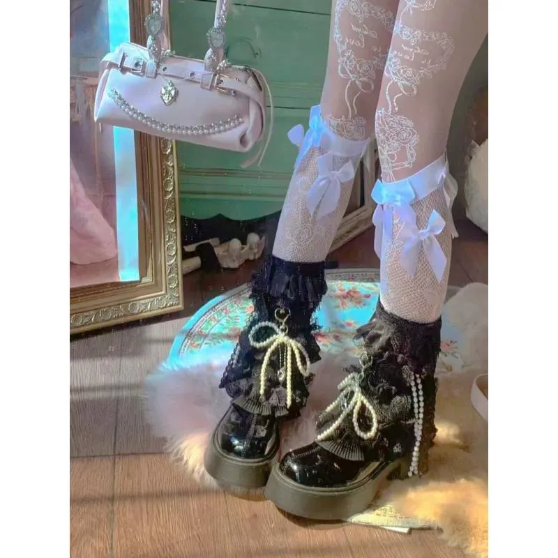 Women Sweet Platform Ankle Boots Pearl Lace Ruffle Decor Patent Leather Vintage Thick Sole Kawaii Short Boots
