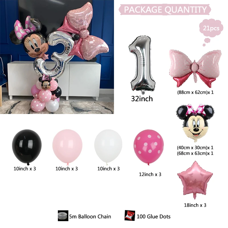 21Pcs Disney Minnie Mouse Head Foil Balloons Pink Bow Balloon For Girls Kids Birthday Party Supplies Baby Shower Decorations