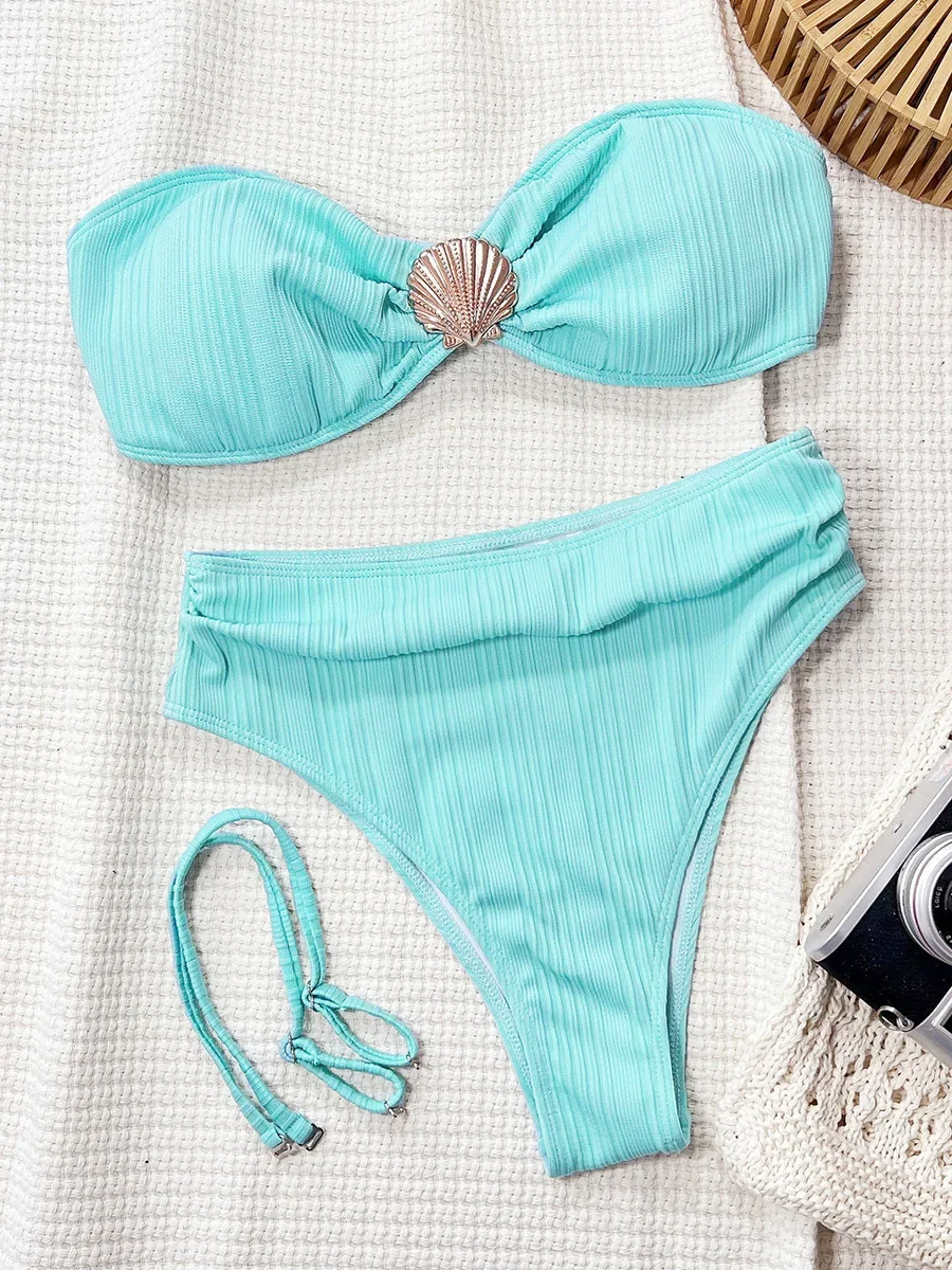 

Metal Shell Bandeau Female Swimsuit High Waist Bikini Women Swimwear Two-pieces Bikini Set Ribbed Bather Bathing Suit Swim Lady