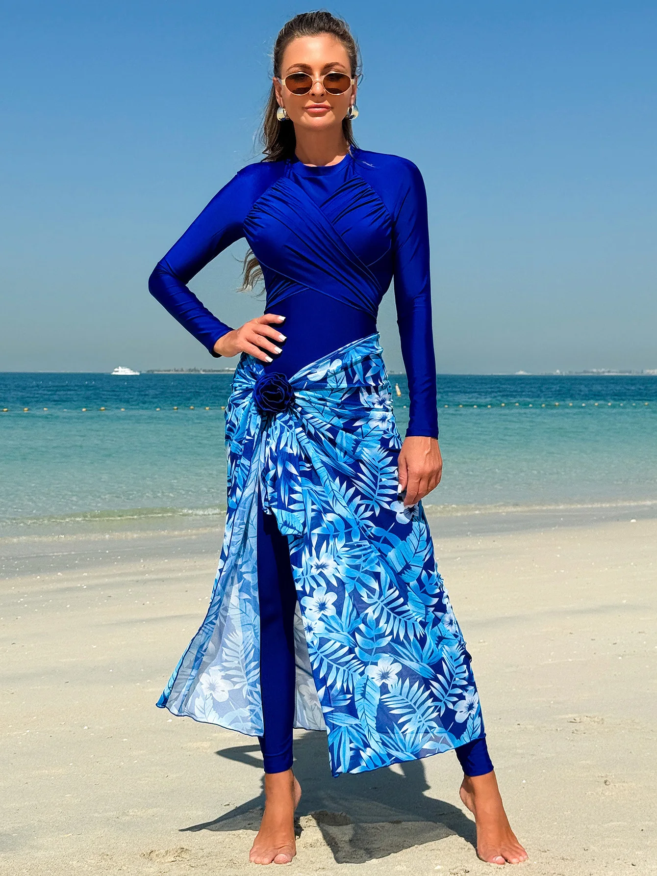 

3 шт. шикарные скромные купальники Burkini Femmes Elegance, полностью закрытые купальники для мусульманских женщин, синий топ с длинными рукавами, трусики с марлей