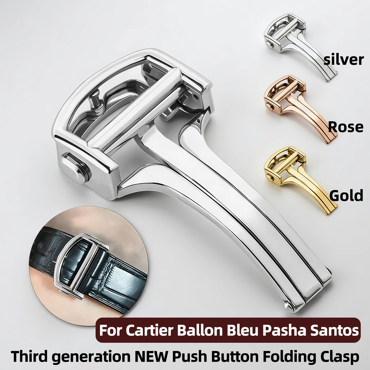 

Новая застежка-кнопка третьего поколения для ремешков часов Cartier Ballon Bleu Pasha Santos из кожи и силиконовой резины.