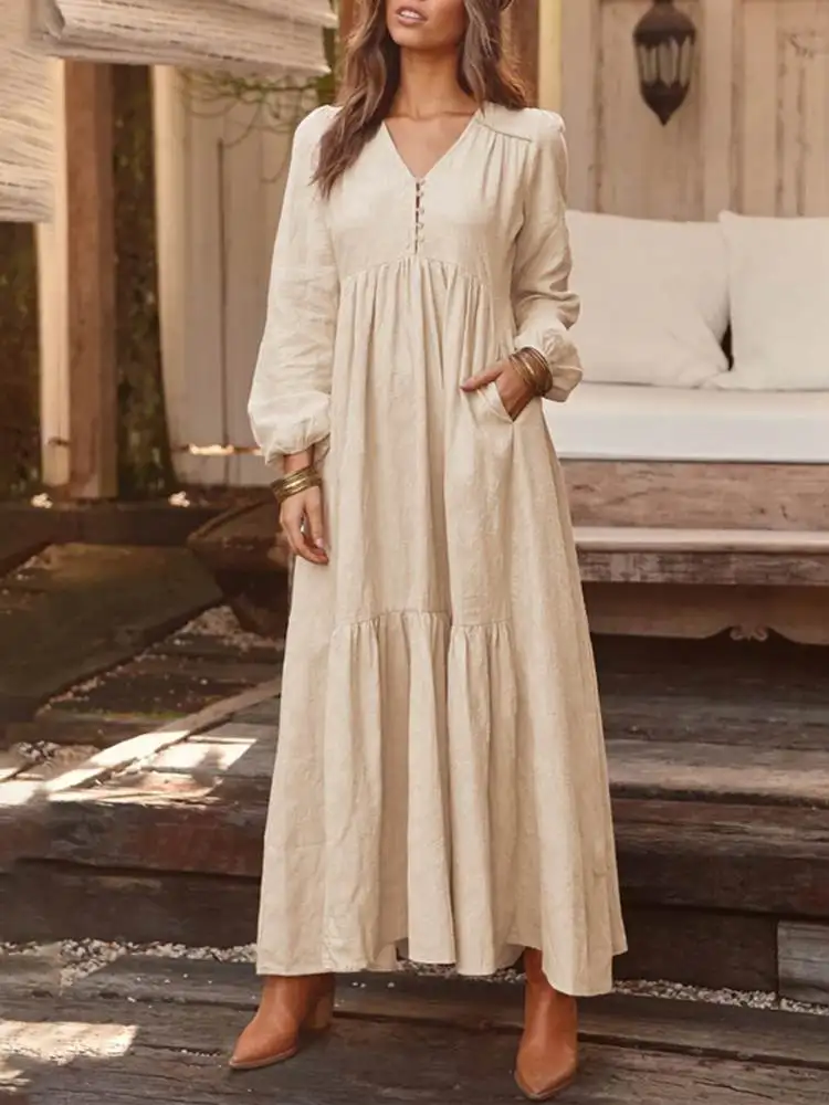 ZANZEA 2023 Spring Sundress Casual V Neck Ruflle Long Sleeve Robe Oversized Bohemian Elegant Shirt Dress Women Maxi Vestido 1