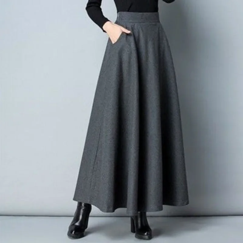 Winter Long Woolen Pleated Skirt Thick Warm Women High Waist Big Size Elastic A-Line Maxi Skirts Wine Red Black Gray