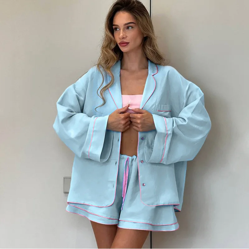 2Pcs Women Cotton Pajama Set, Casual Cozy Style, Loose‑Fit Skin‑Friendly Breathable Long Sleeve Top & Shorts Sleepwear, Ladies L
