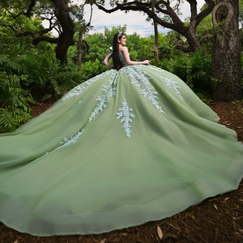 فساتين Quinceanera خضراء لامعة قبالة الكتف زين زهرة الديكور كريستال تول مشد حفلة عيد ميلاد الحلو 16 فستان #4