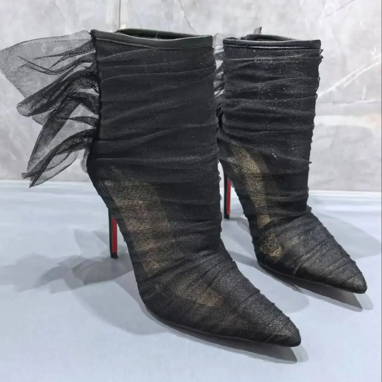 Givencci Black Lace Mesh Short Boots For Women Hollow Out Pointed Toe Botas De Mujer Back Zipper Red Sole Shoes Female Concise