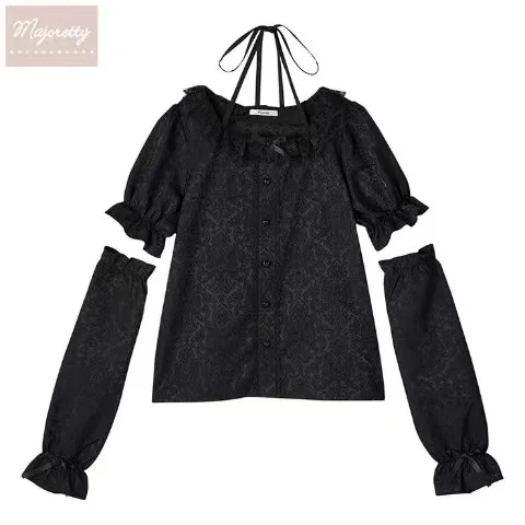 Spring New Japanese Mine Short-Sleeved Lace Jacquard Lolita Shirt Slim Blouses with Oversleeve Two-Piece Set Women\'s Tops