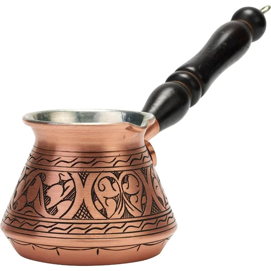 

Thickest Copper Turkish Greek Arabic Coffee Pot Stovetop Coffee Maker Cezve Ibrik Briki with Wooden Handle Spoon Hand Engraved