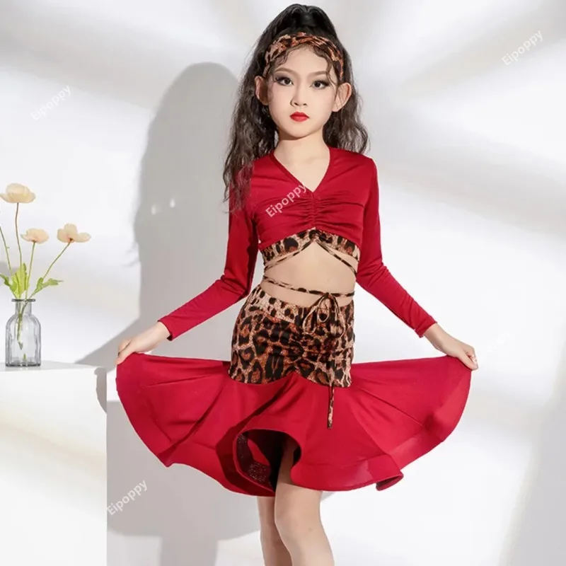 

Костюм для бальных танцев, леопарда, танго, латинского и американского танца, детское платье для девочек, топ-юбка для чача-румбы, детская тренировочная одежда для выступлений