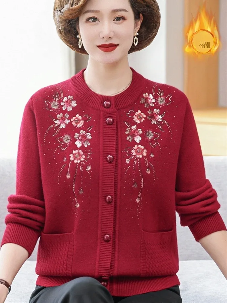 

Теплый вязаный кардиган Thiened с вышивкой, круглым вырезом, модная зимняя одежда для мам среднего возраста...