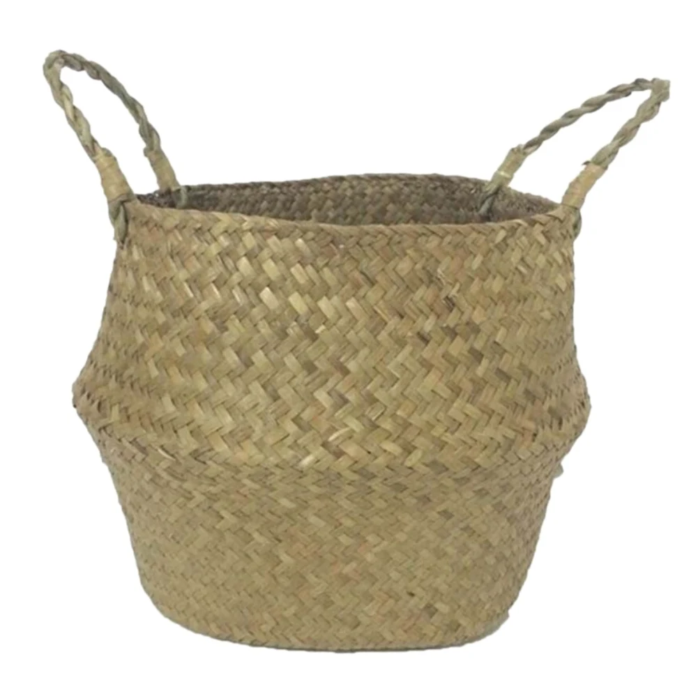 Round Handheld Woven Flower Basket Plant Straw Storage Basket Dirty Clothes Basket Small Objects Storage Basket