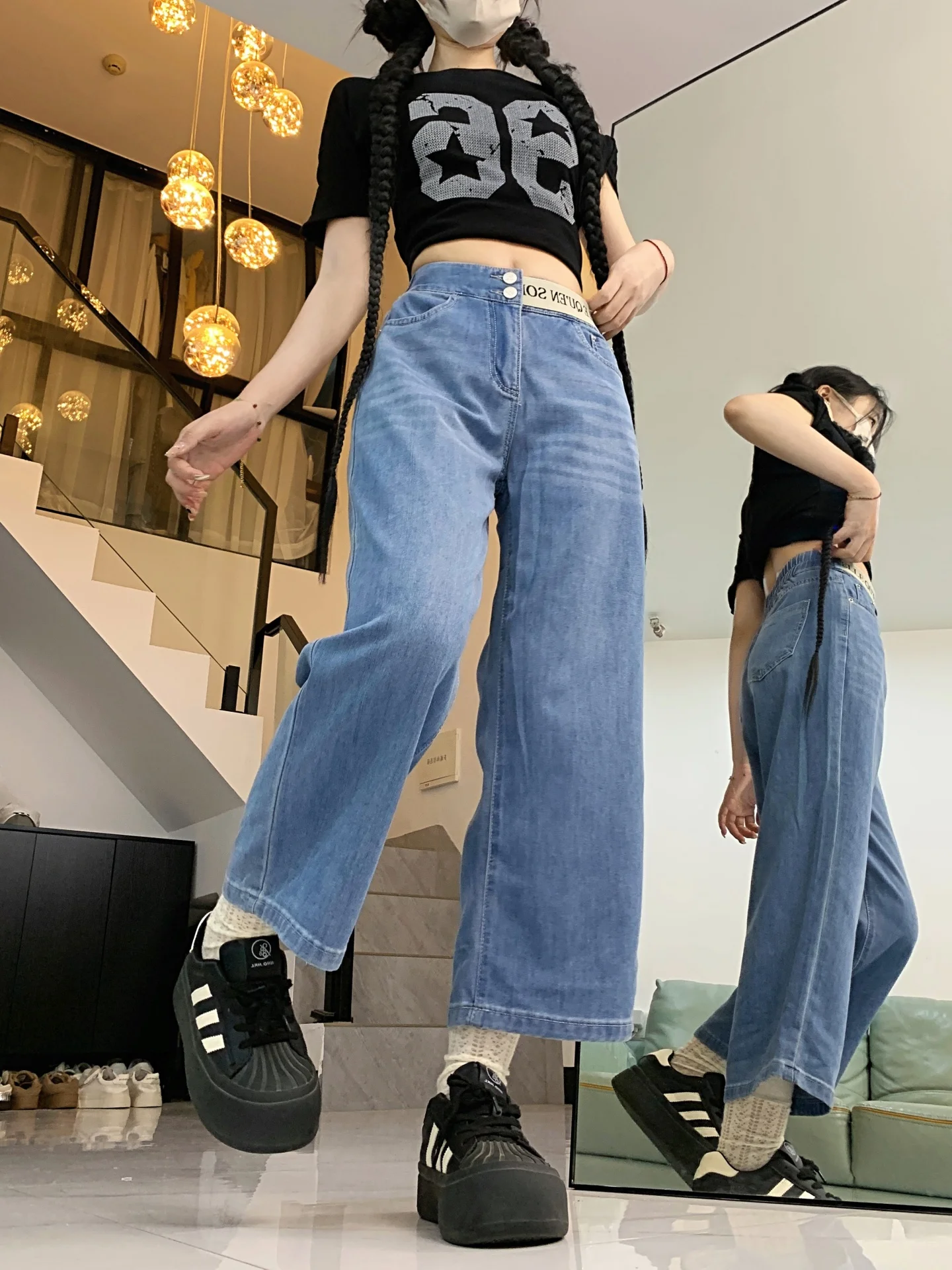 High Waist Wide Leg Jeans Women's Loose Fit Straight Cut Elastic Waist Denim Pants Autumn New Sle Slimming Durable Casual