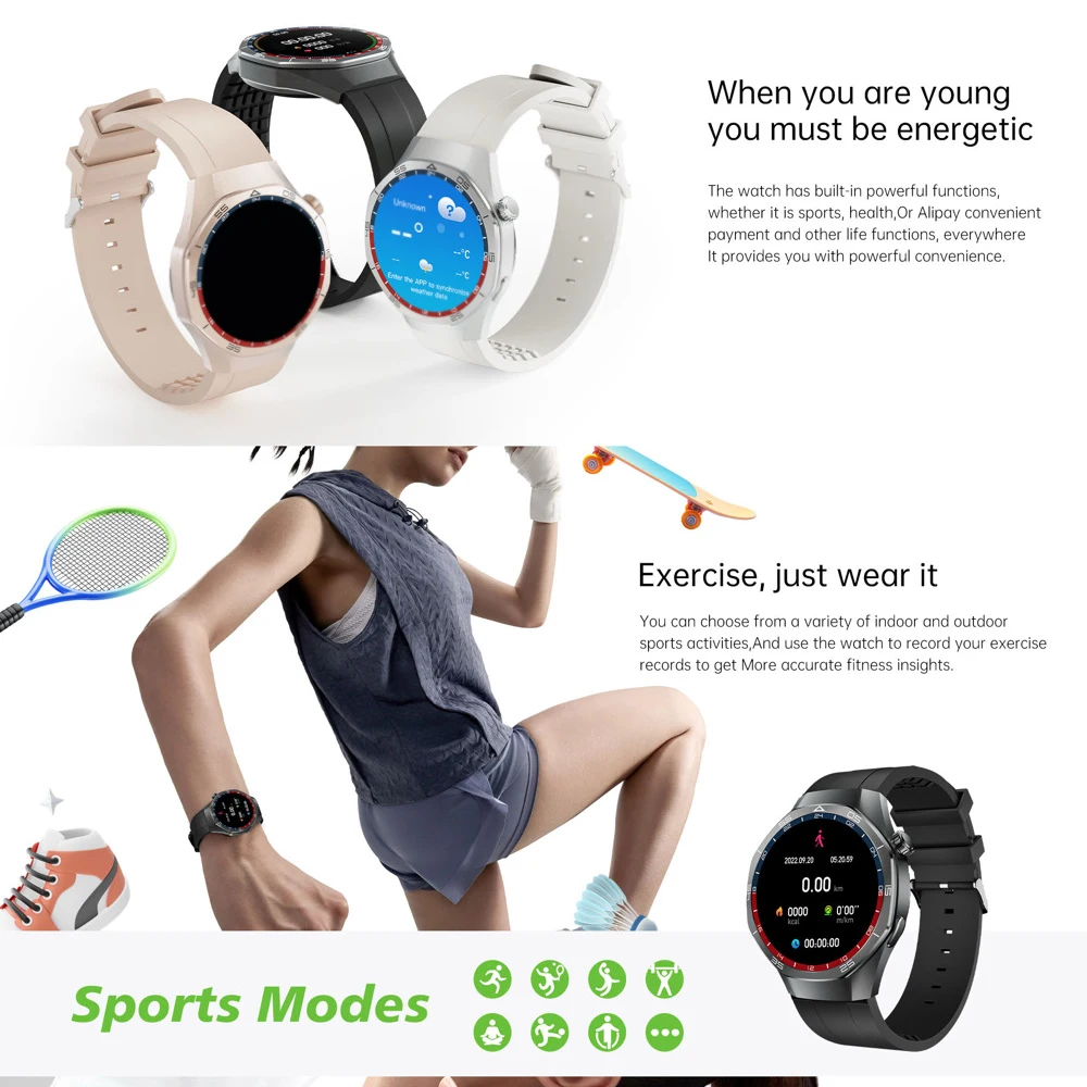 남녀공용 AMOLED 스크린 스마트워치 블루투스 통화 날씨 스포츠 여성용 팔찌 심박수 건강 스마트워치 무선 충전