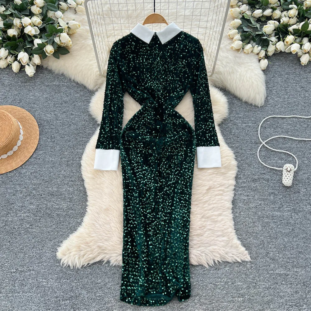 Chic vintage colletto rovesciato glitter manica lunga Elegante fata moda coreana Boho abito da donna
