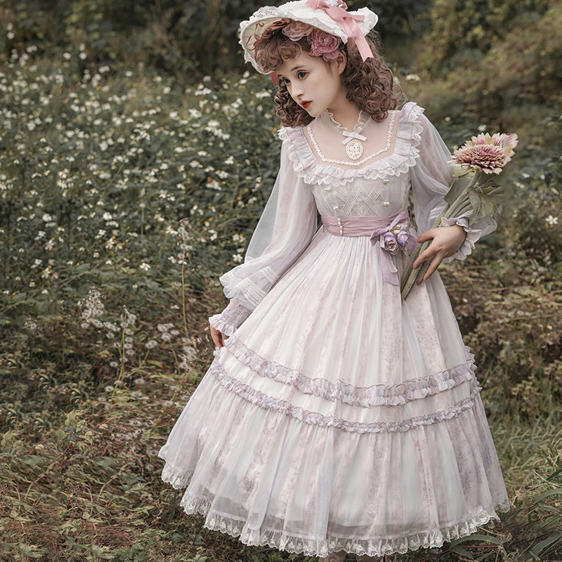 Spring And Autumn Flower Garden OP Elegant And Demure Lolita Long-sleeved Bow Lace Print Dress Unadorned And In Good Taste