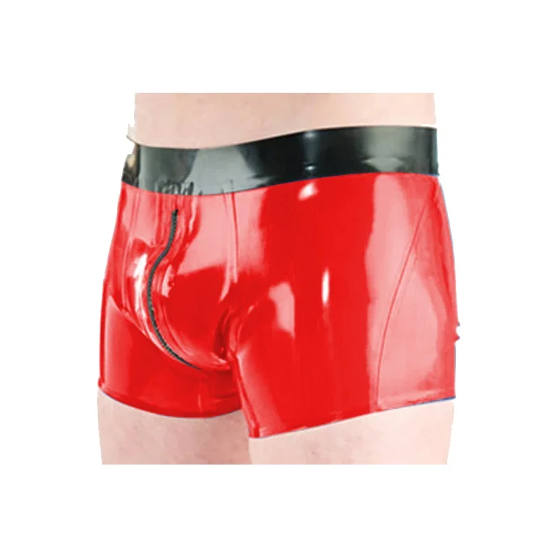 Latex 100% Rubber Men Black Waist and Red Boxer Underwear With Zipper Shorts Size S-XXL