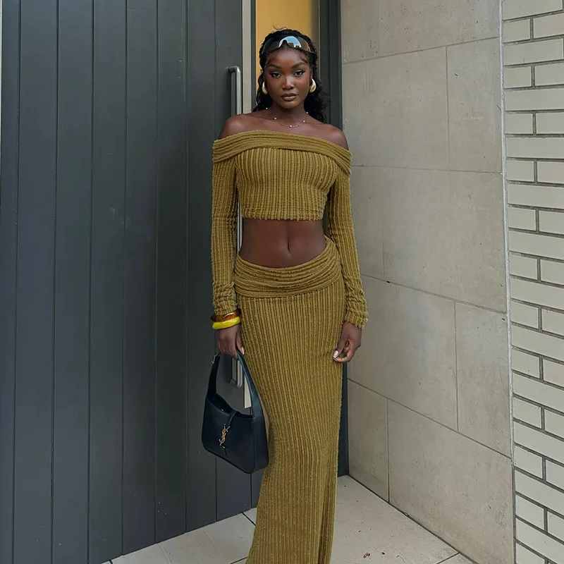 

Women Long Skirt 2 Pcs Sets Sexy Strapless Tube Crop Top Bodycon Maxi Skirts Y2k Two Piece Outfit Fall Clothing Party Club Wear