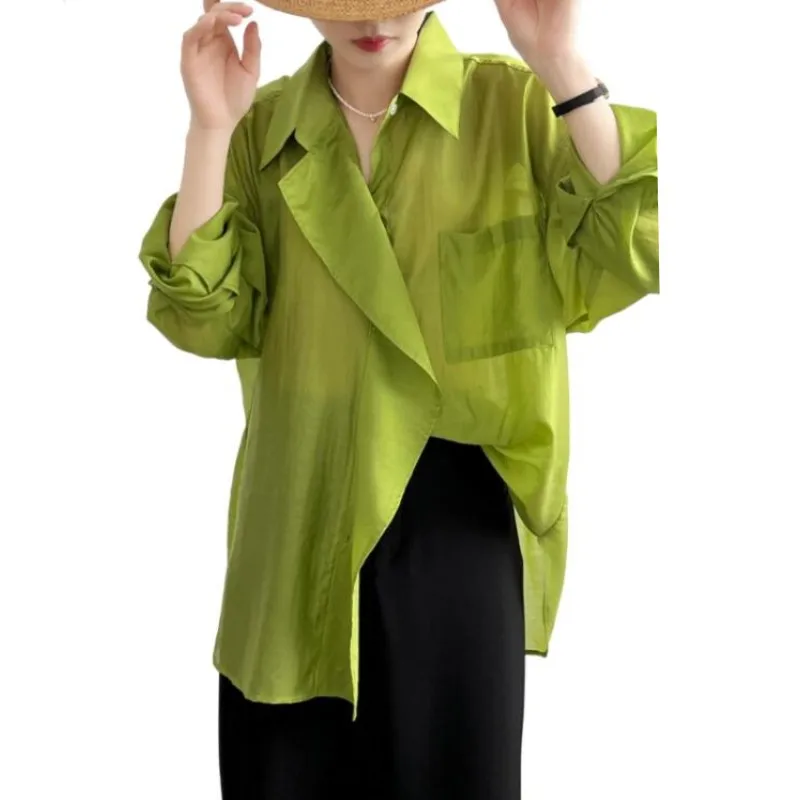 korean retro lapel rayon shirt,oversize Thin silk blouse Elegant Office Women Lyocell Top Plus size clothes 2XL Avocado green