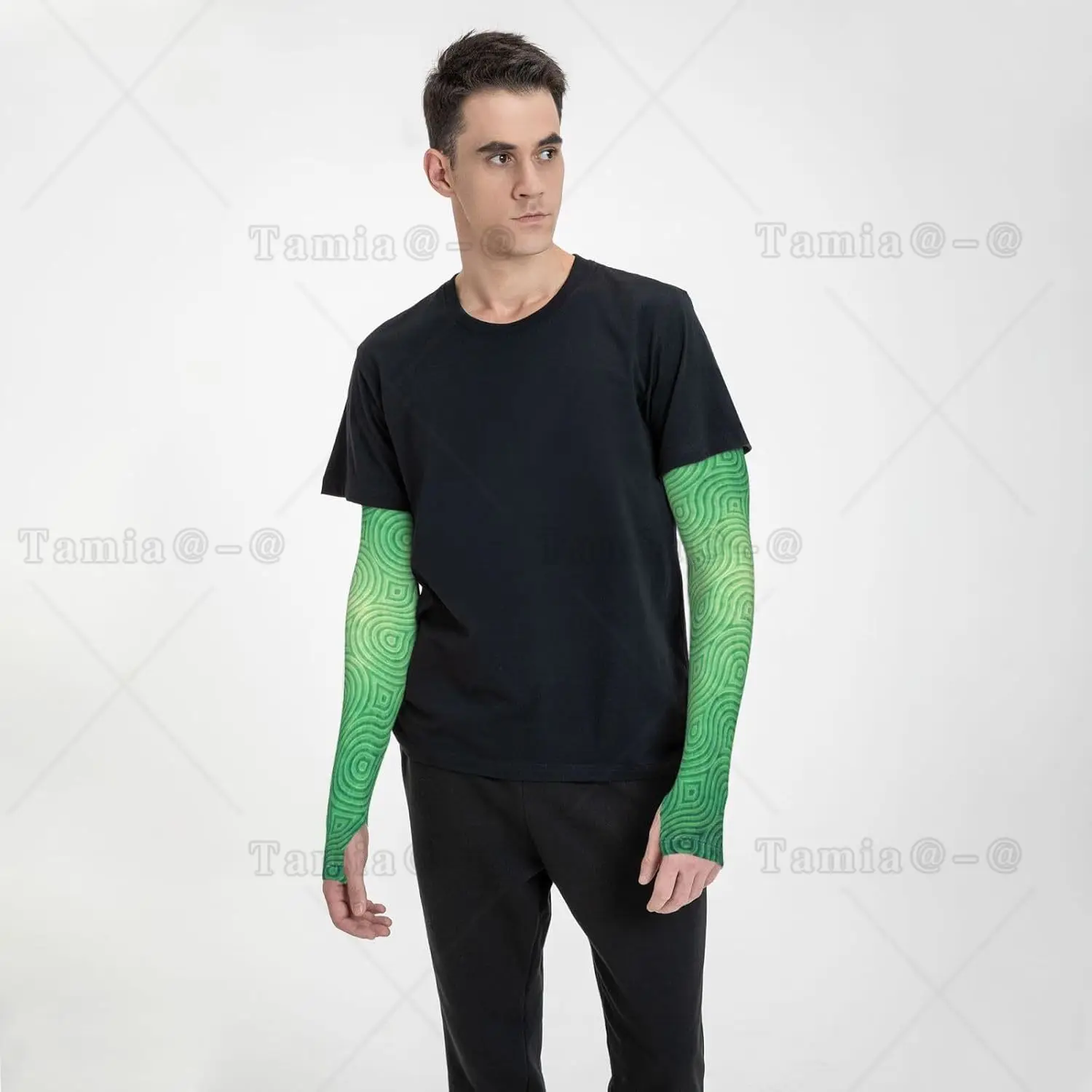 Mangas de protección solar con estampado de textura curvada verde para mujeres y hombres, mangas deportivas refrescantes para golf, correr, ciclismo y senderismo