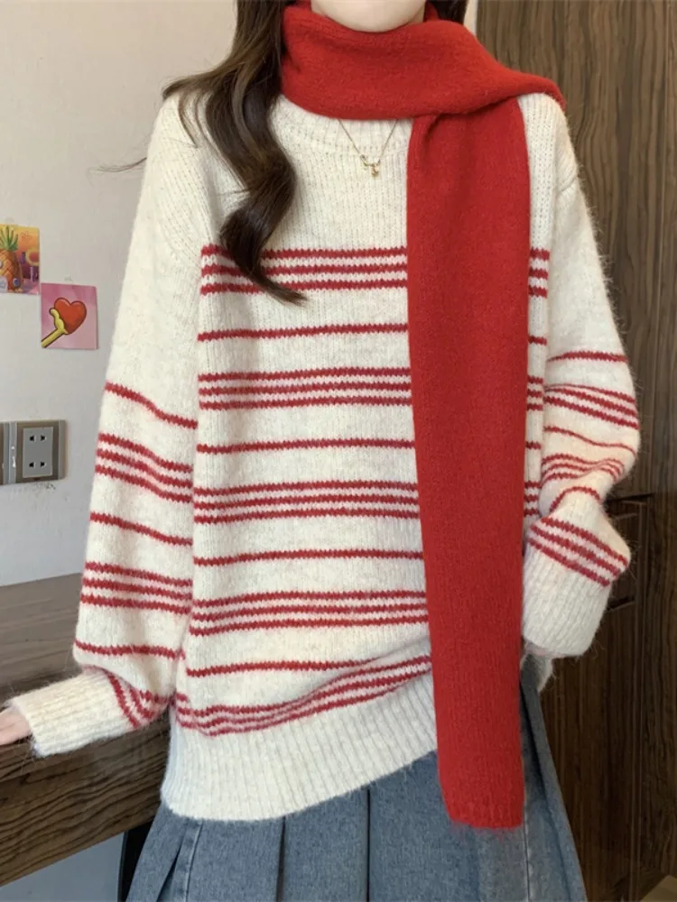 

Loose Stripe Knitted Sweater Women's Autumn Winter Comfortable Soft Long Sve round Ne Warm Fce Lined Cisas Retro ...