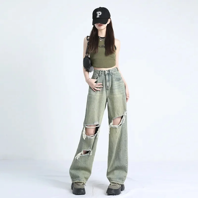 

Autumn Women Casual Thin Ripped Cowboy Pants 2025 Ladies High Waist Wide Leg Trousers Korean Female Solid Color Denim Pantalons