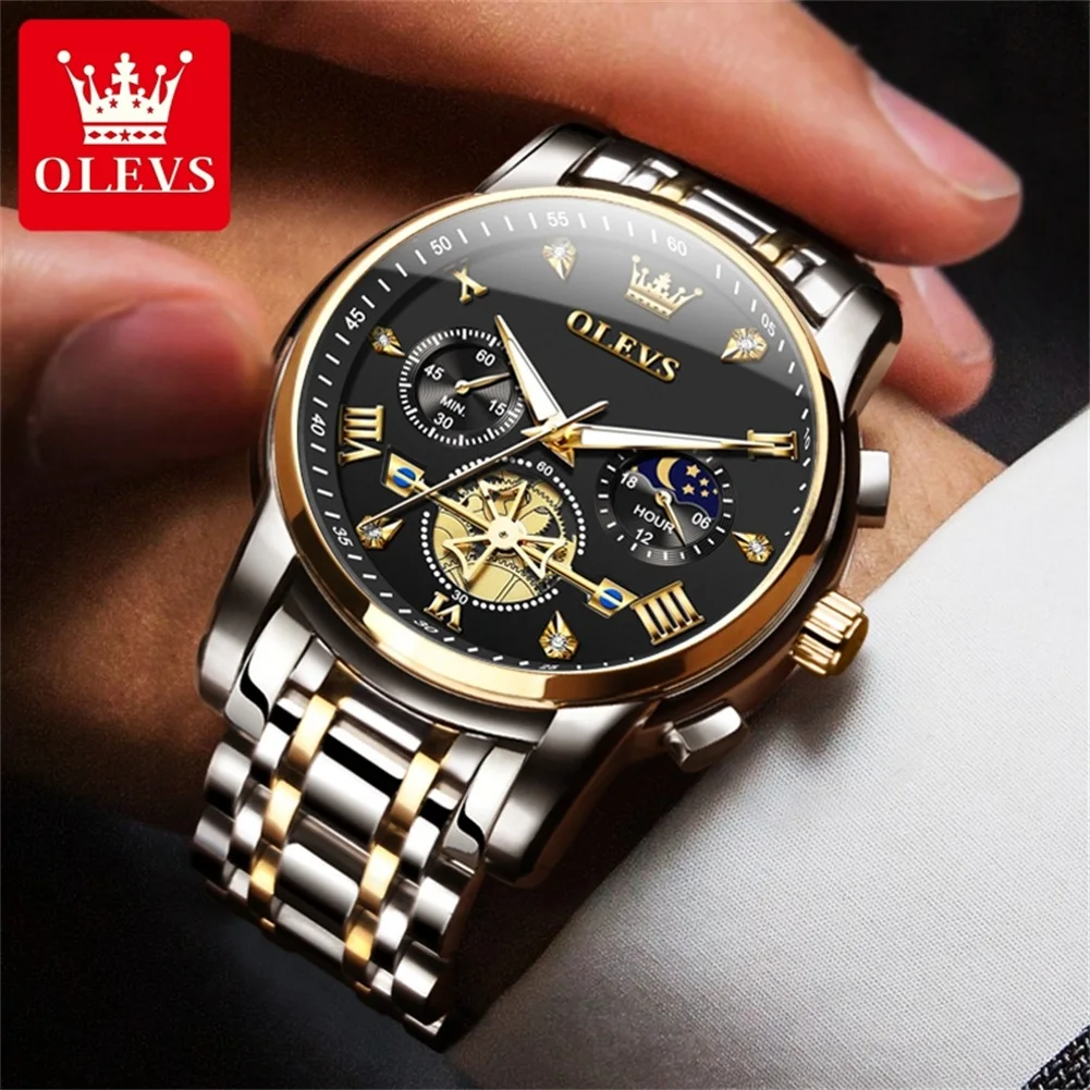 OLEVS 2856 Original Quartz Watch for Men Hollow Flywheel Moon Phase Luminous Business Chronograph Men's Watch Classic