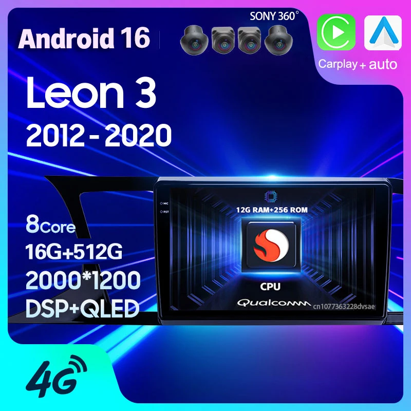 Radio para Auto Android 16 Snapdragon para Seat Leon 3 2012 - 2020 Carplay Auto GPS Multimedia Estéreo Navegación BT Reproductor de Video DSP