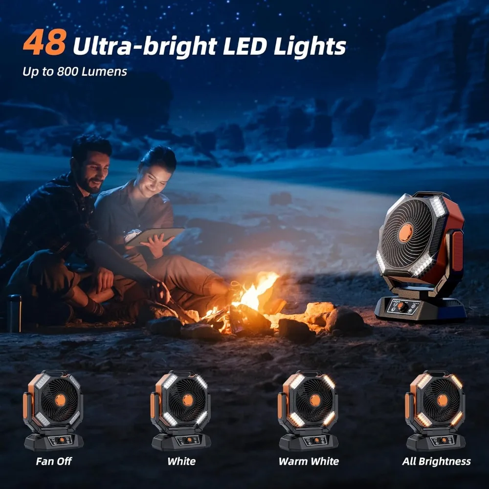 Kipas angin, Dioperasikan dengan baterai, kipas tenda portabel dengan lampu LED, kontrol jarak jauh, kait, poros 270 °, kecepatan Stepless-Ideal untuk berkemah, kipas