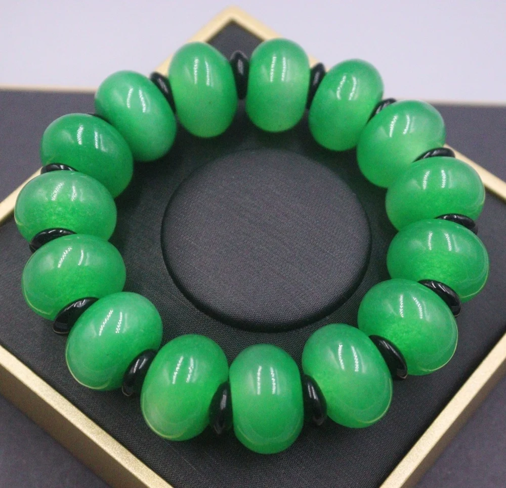 Natural Jade Men Women Gift 19.5mm Wide Black Green Flat Abacus Beaded Bracelet