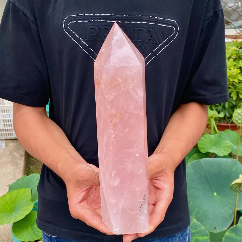 Natural Carved Pink Quartz Rose Crystal Point for Reiki Healing