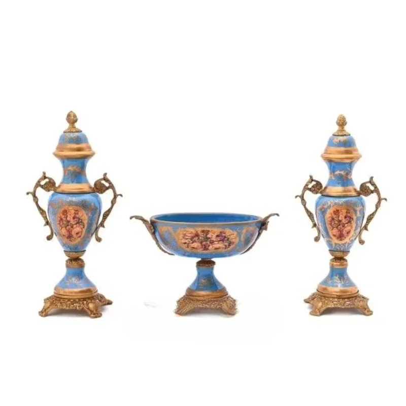 Antique blue porcelain and brass core set with gorgeous covered vases handcrafted for vintage luxury