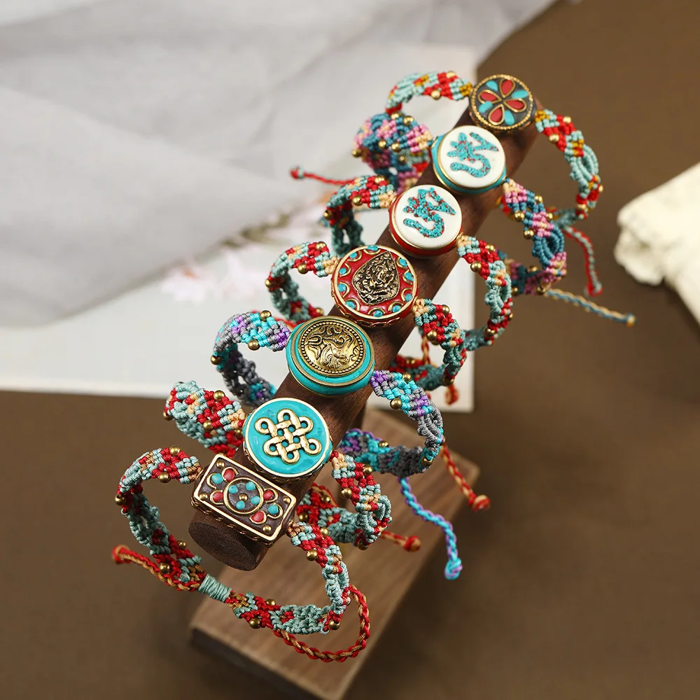 

Bohemian Folk Style Nepal Bead String Retro Skew Knot Multicolored Rope Pure Hand Woven Glamour Bracelet Jewelry for Women