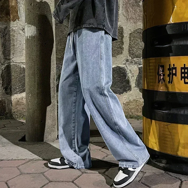 2024 New Streetwear Loose Jeans Men Korean Style Fashion Loose Straight Wide Leg Pants Men\'s Brand Clothing Black Light Blue