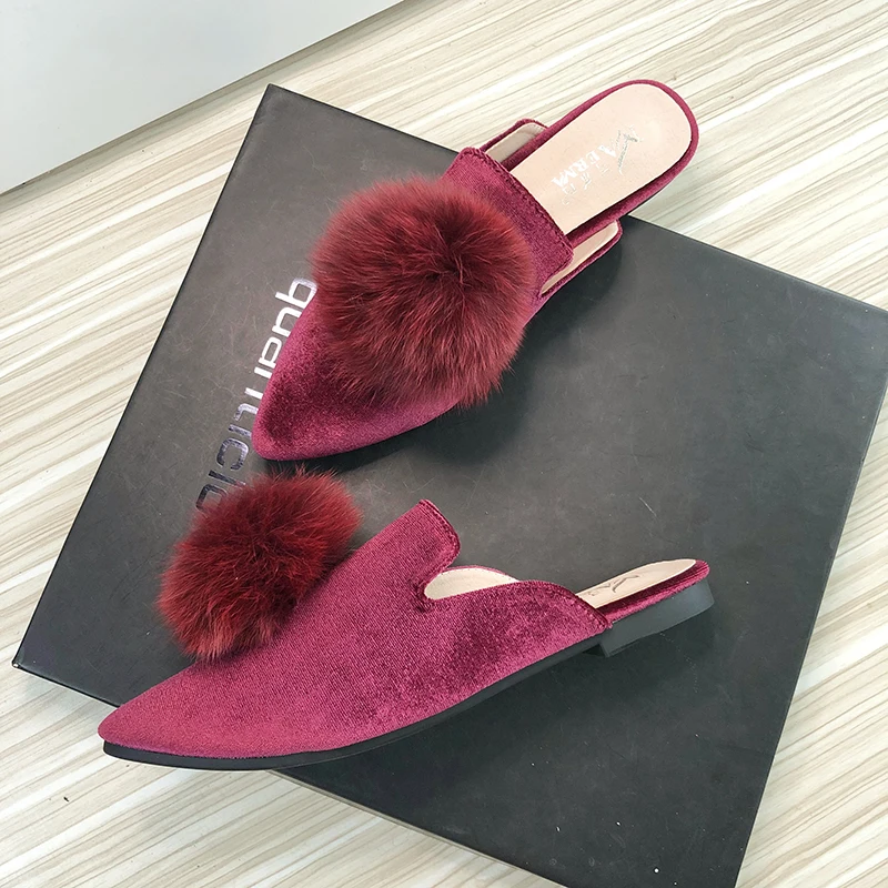 Women Mules Pointed Toe Flock Leather Big Furry Ball 2022 Spring Summer Stylish Slippers for Women Size 33-43 Solid Color Flats