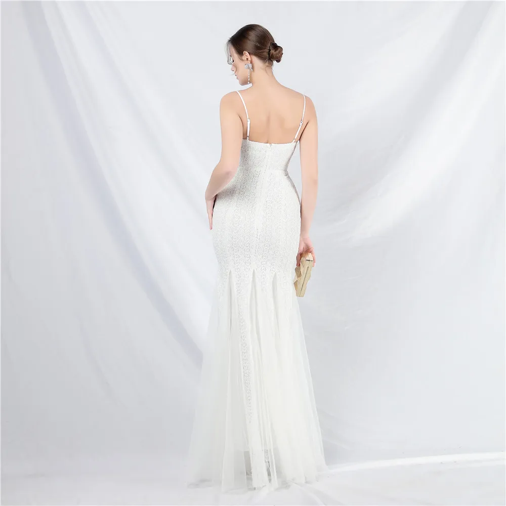 Long White 2024 Mermaid Dress Evening Sweetheart Spaghetti Straps Backless Feathers Sequin Elastic Women Party Prom Gowns