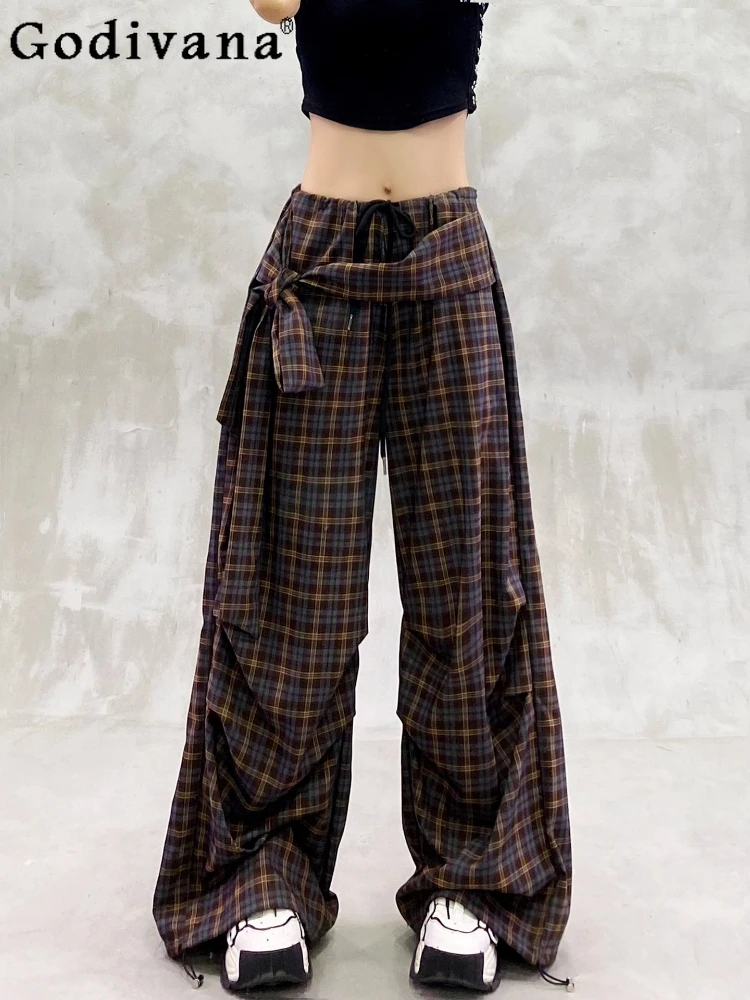 

Sweet Bow Belt Girl Summer High Waist Loose Street Leisure Pants Temperament Versatile Fashion Coffee Plaid Long Wide-leg Pants