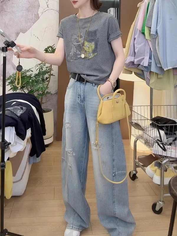 Pure Cotton Short Sleeve T-Shirt Women's Summer New plus Size Big Code Fat MM Slimming Top Shoulder Body T-Shirt Commute Style