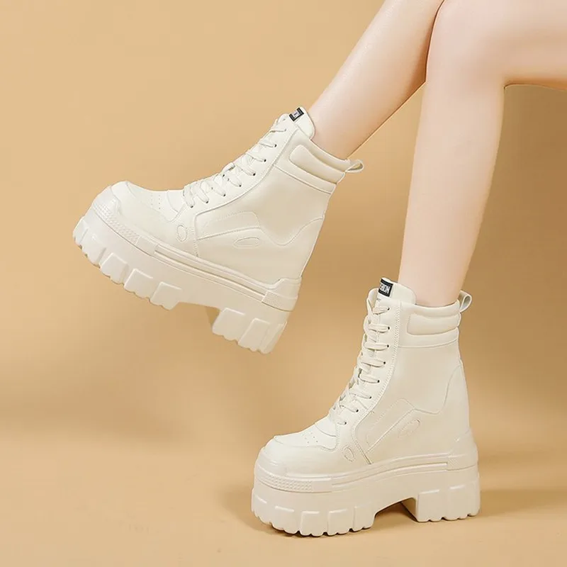 2026 Height Increasing Women's High Boots Black Leather Thick Bottom Platform Shoes Gothic Punk Short Boots Street Style Sneaker