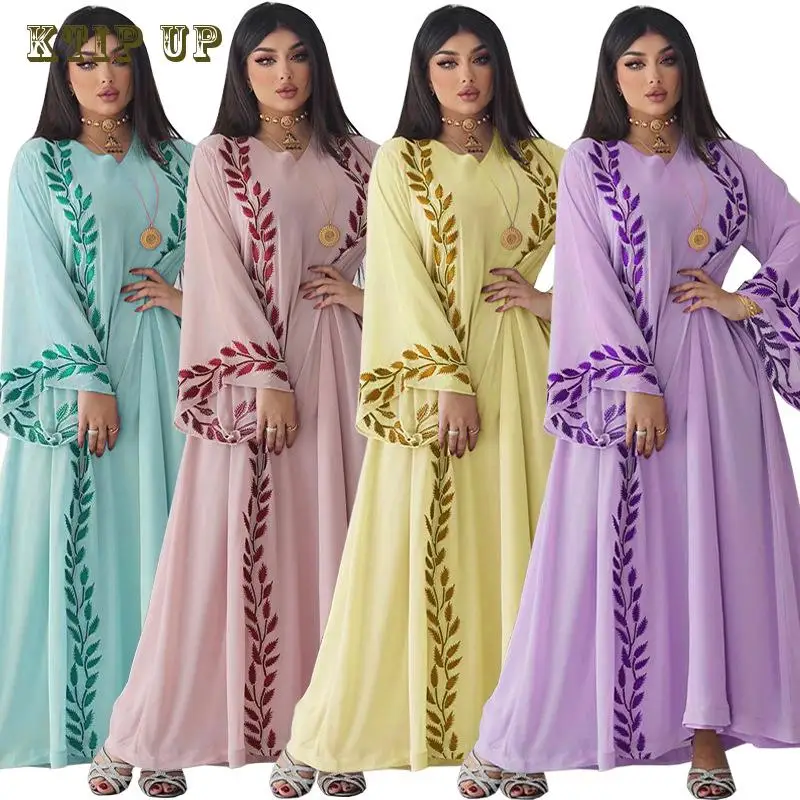 

Long Chiffon Islamic Dress with Headband, Muslim Embroidery, Pink Round Neck, Middle East, Arab, Dubai, Summer, Fashion