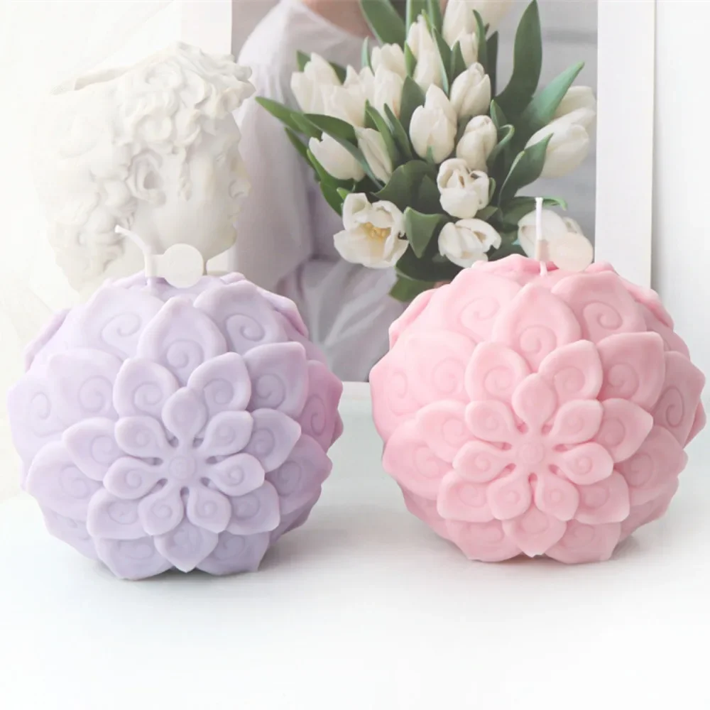 3D Trollflower Ball Candle Silicone Mold Lotus Overlapping Petal Soap Plaster Silicone Making Chocolate Mold Home Art Decor Gift