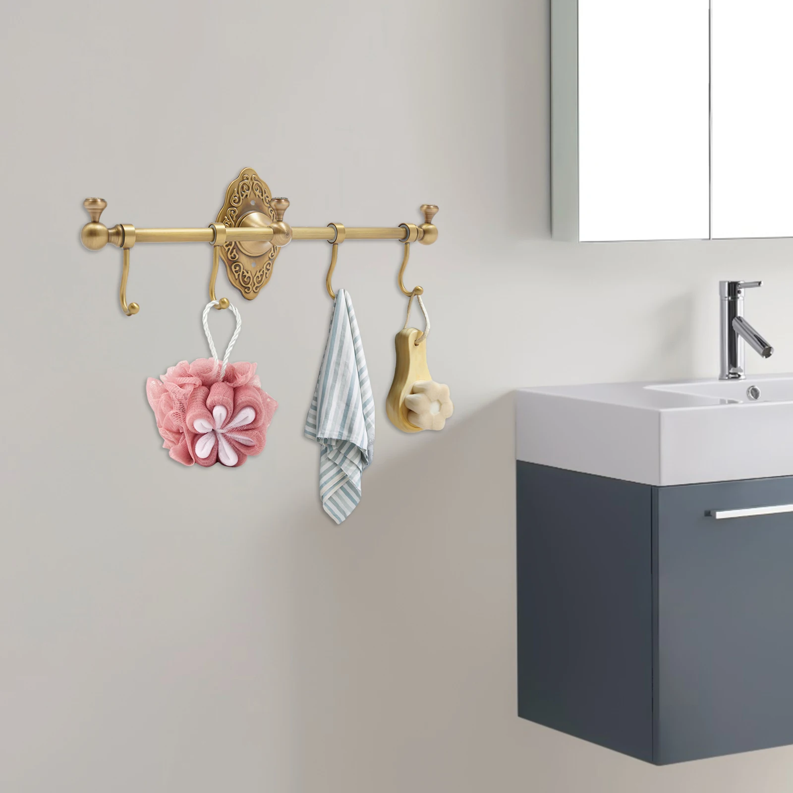 

Perforated Wall Mounted Towel Rack with 4 Hooks, Single-layer Brass Storage Rack 14.17*2.95in, Kitchen Towel Bar for Bathroom