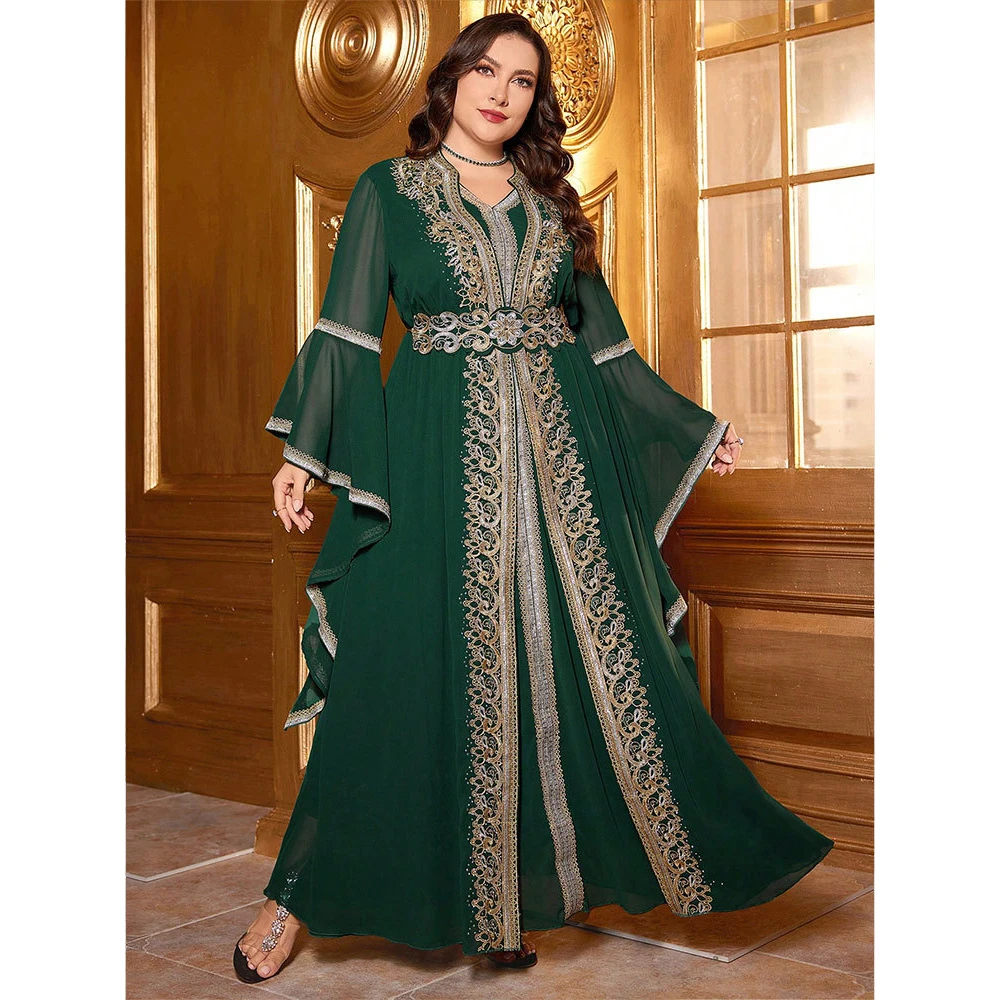 Uni feminino plus size maxi vestidos decalque broca indústria pesada vestido dubai turquia moda aberta abaya vestidos muçulmano 2 peça conjunto