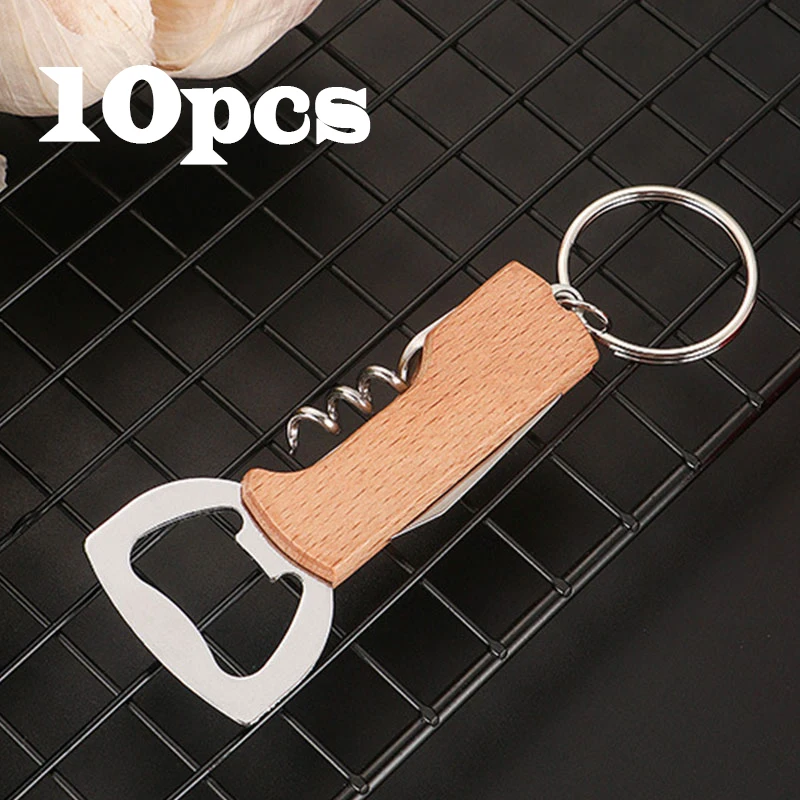 

10Pcs Beer Bottle Opener Keyring Keychain Stainless Steel Multifunctional Wooden Handle Corkscrew Wine Opener Bar Party