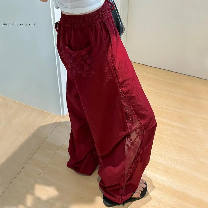 Women Summer Casual Elegant Leisure High Waist Loose Parachute Pants Wide Leg Lace Panel Sports Pants