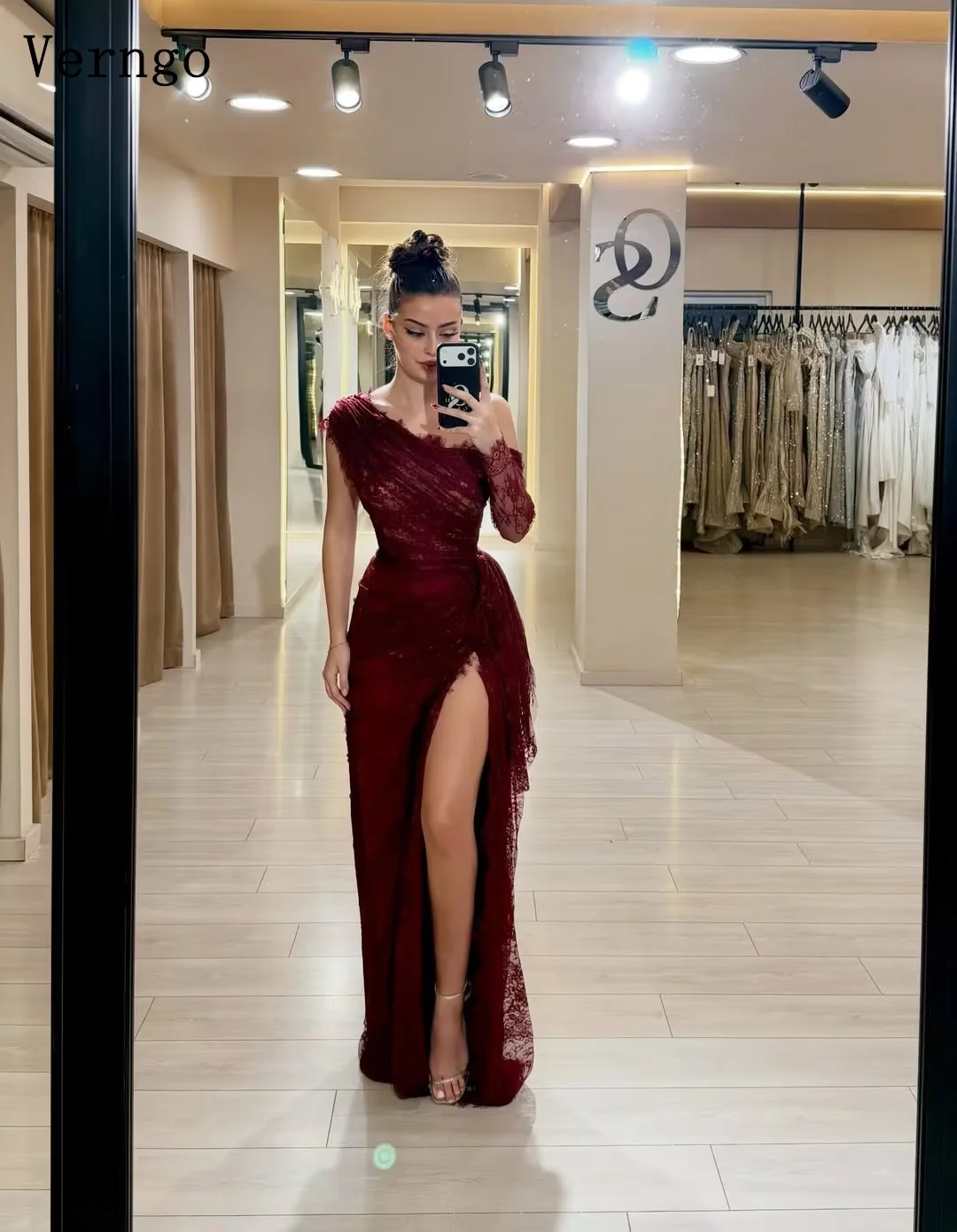 

Verngo Burgundy Lace Elegant Evening Dress One Shoulder Mermaid Side Slit Sexy Prom Gowns Modern Party Gown Customized